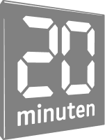 Das Bild zeigt das graue Logo der Zeitung "20 Minuten" mit digitaler Schrift.