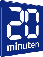 Das Bild zeigt das blaue Logo von "20 Minuten" mit weißer Schrift.