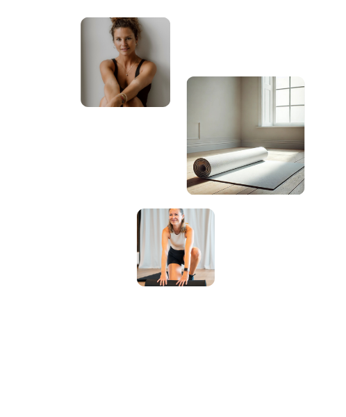 Eine Frau sitzt entspannt, daneben eine Yogamatte im Sonnenlicht, Goldenbody Shop Ch.