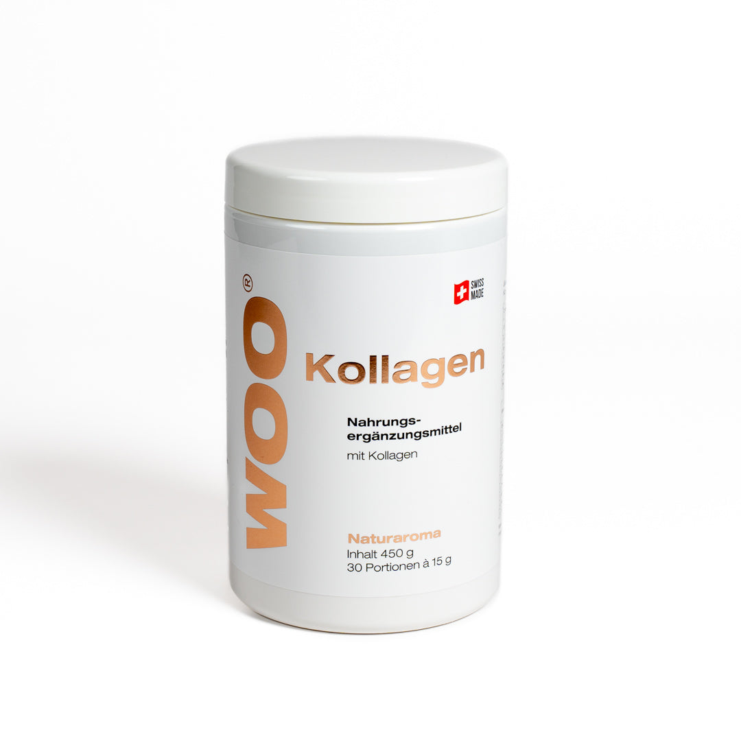 Weiße Dose WOO-Kollagen von Goldenbody Shop Ch, Nahrungsergänzungsmittel mit Naturaroma.