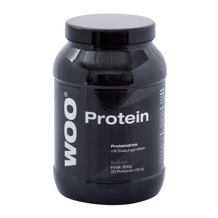 Schwarze Dose WOO Protein Kakao von Goldenbody Shop Ch für Fitness und Ernährung.