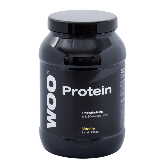 Schwarze Dose mit WOO Protein Vanille von Goldenbody Shop Ch, 600g Inhalt.