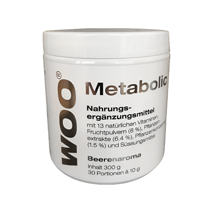 Weiße Dose mit Nahrungsergänzungsmittel "WOO Metabolic" von Goldenbody Shop Ch, Beerenaroma.