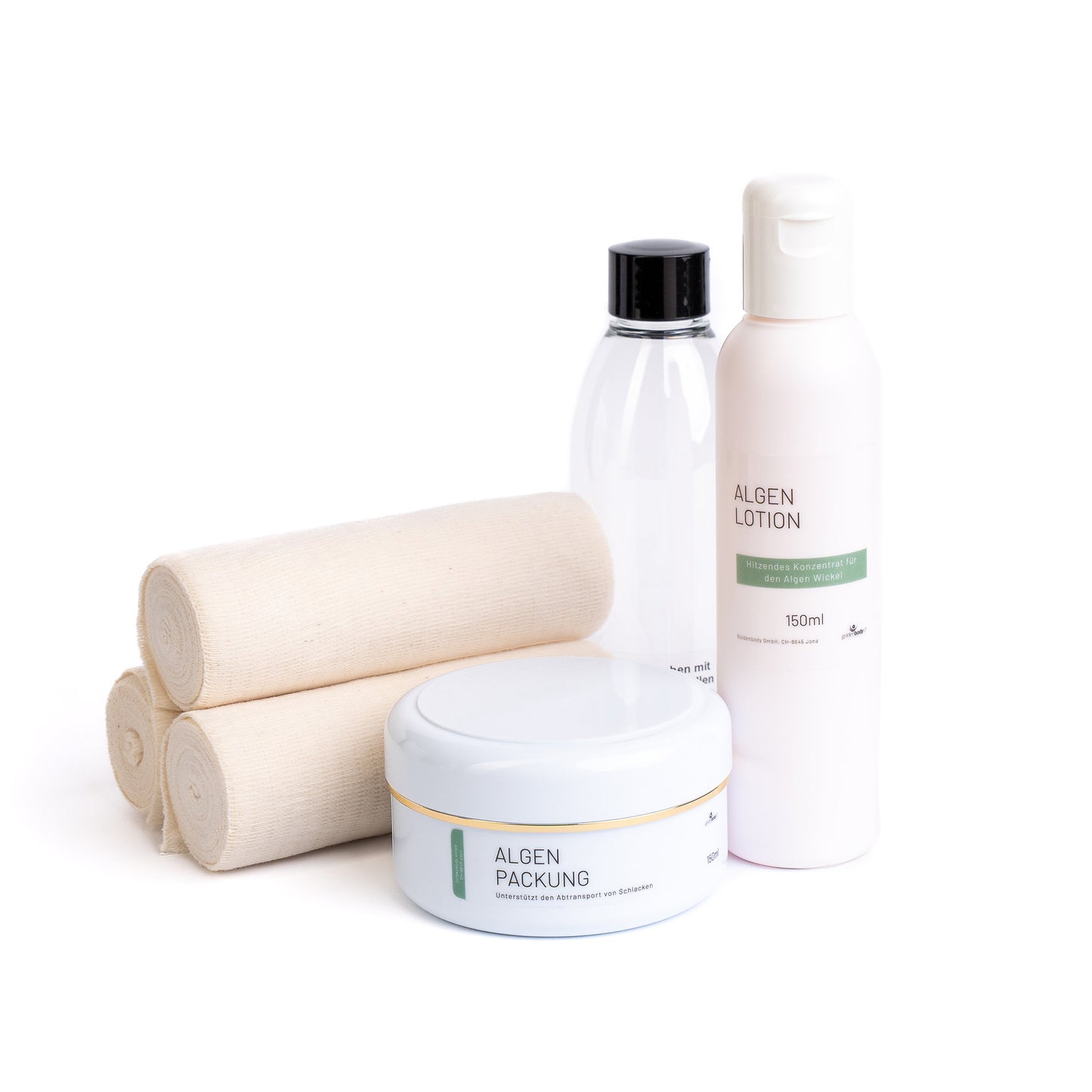Algen-Wickelset von Goldenbody Shop Ch mit Lotion, Packung und Bandagen.