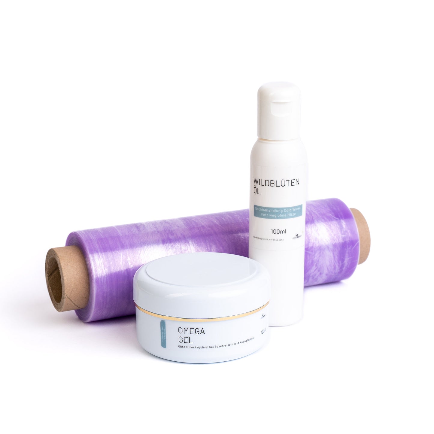 Lila Folie, Wildblütenöl und Omega Gel von Goldenbody Shop Ch für Körperpflege.