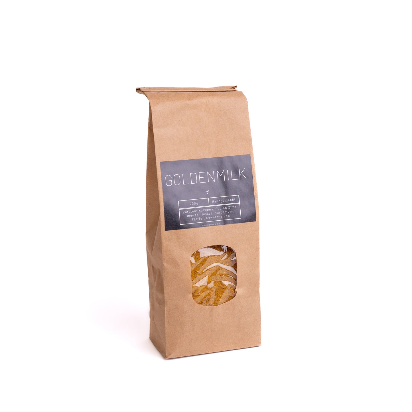 Braune Papiertüte mit Goldenmilk-Pulver von Goldenbody Shop Ch, ideal für gesunde Ernährung.