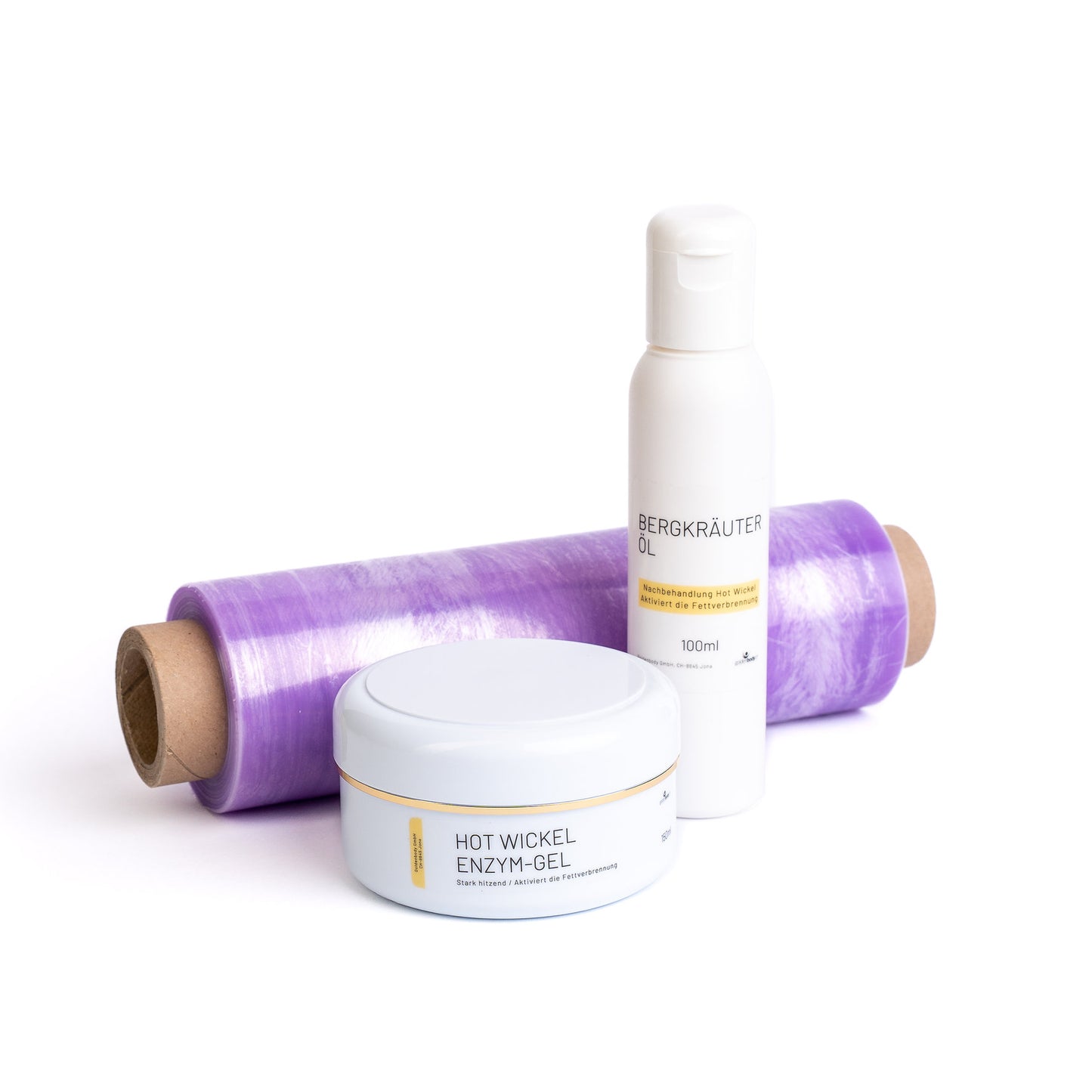 Lila Folie, Enzym-Gel und Bergkräuteröl von Goldenbody Shop Ch für Körperwickel.