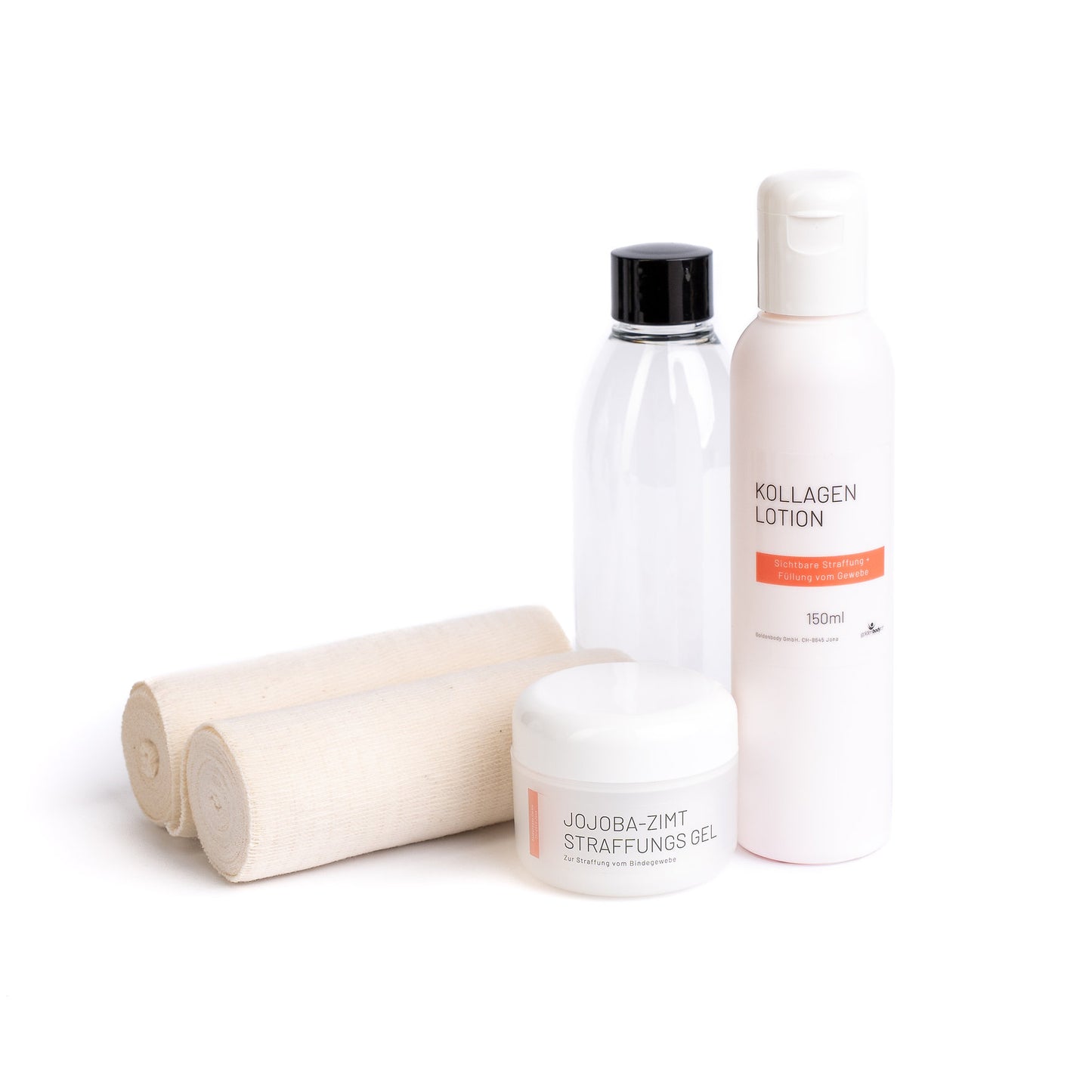 Kollagen-Wickelset von Goldenbody Shop Ch mit Lotion, Gel und Bandagen.