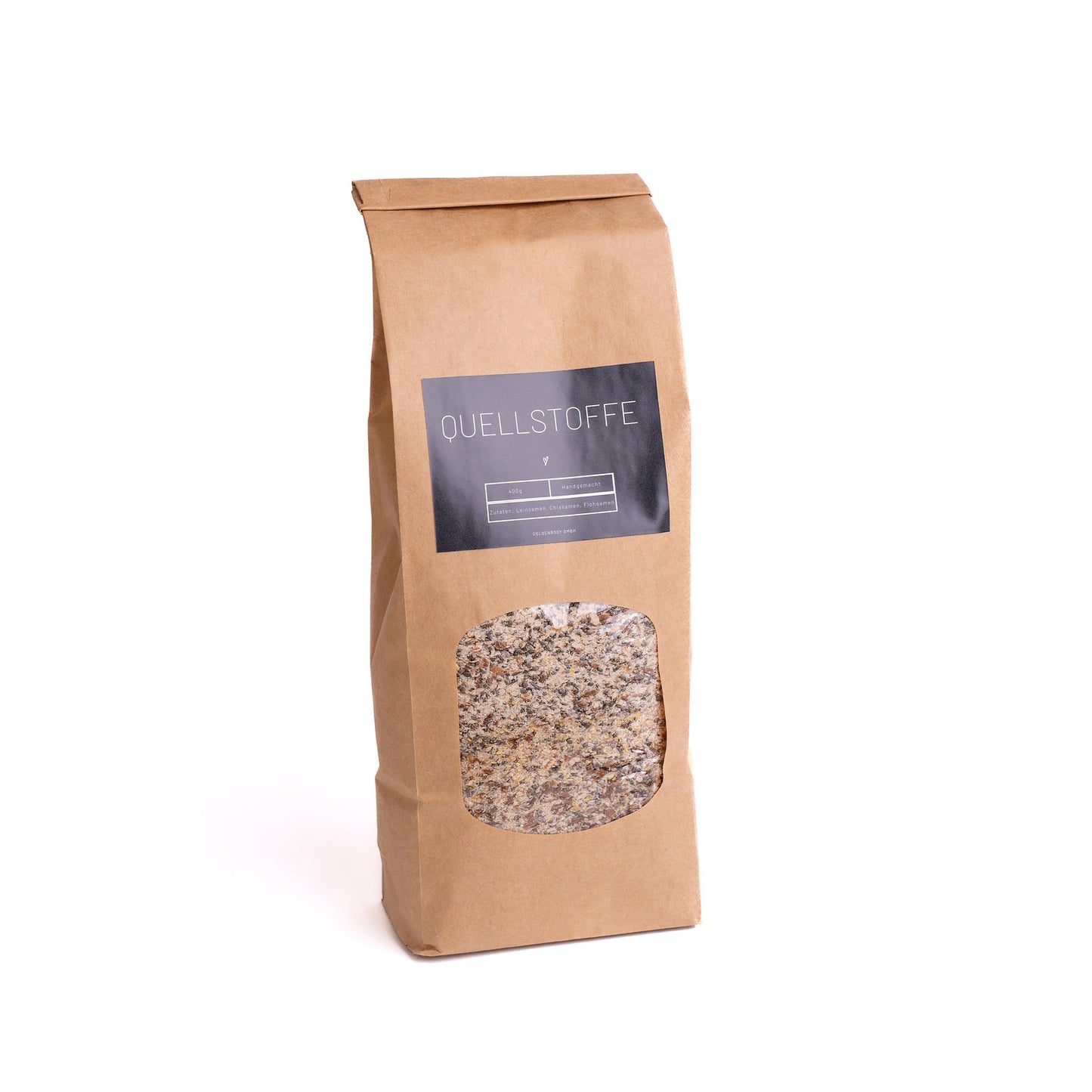 Braune Papiertüte mit Quellstoffen von Goldenbody Shop Ch, ideal für gesunde Ernährung.