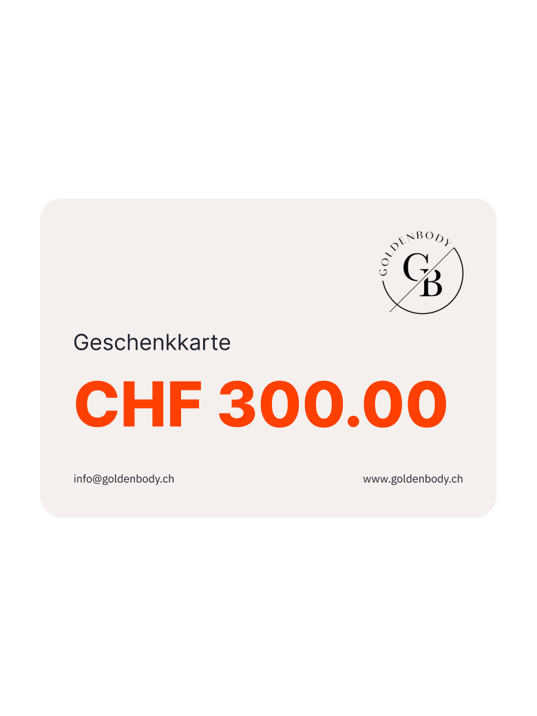 Geschenkkarte im Wert von CHF 300 vom Goldenbody Shop Ch, schlichtes Design.
