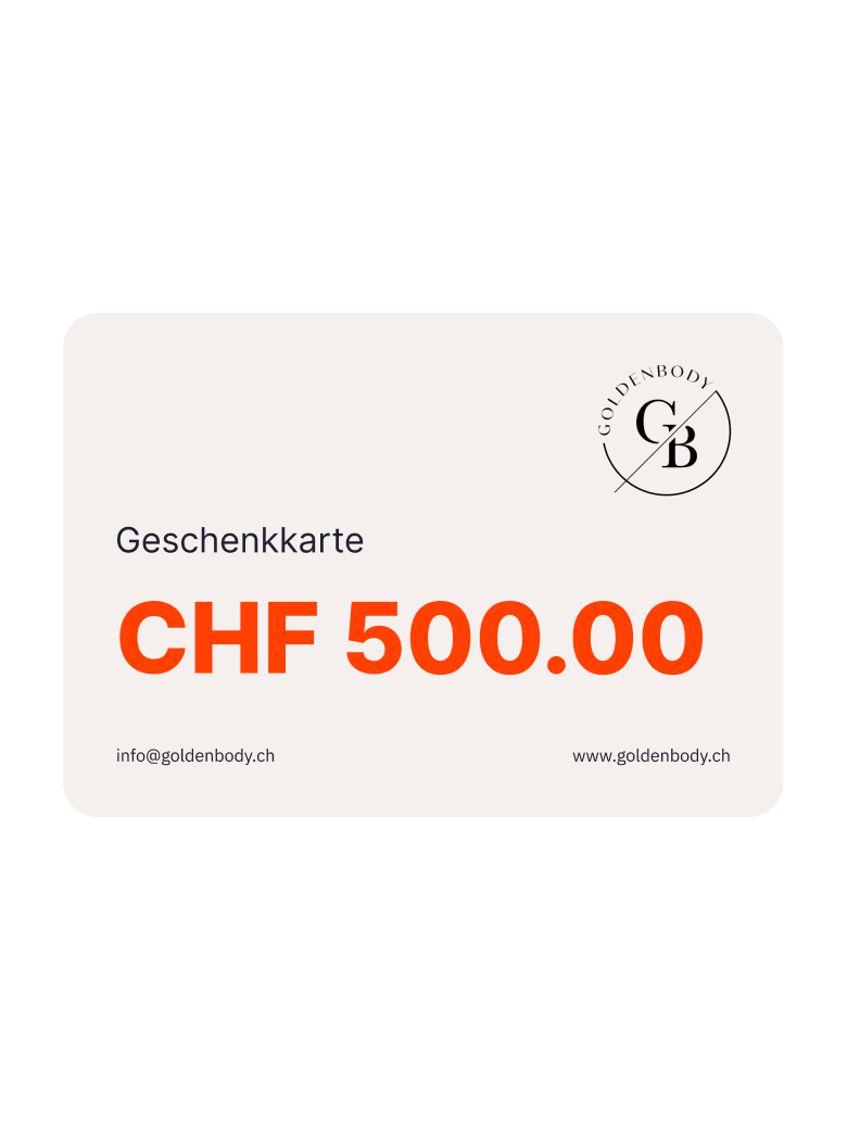 Geschenkkarte im Wert von CHF 500 vom Goldenbody Shop Ch auf weißem Hintergrund.