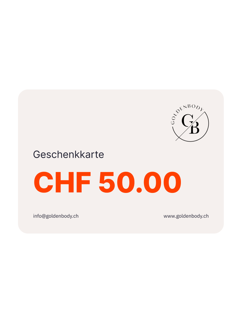 Geschenkkarte im Wert von CHF 50 vom Goldenbody Shop Ch, schlichtes Design.