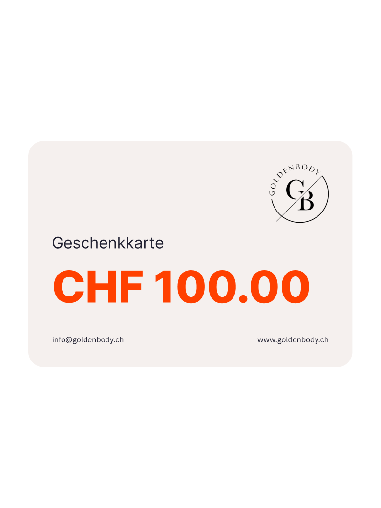 Geschenkkarte im Wert von CHF 100 vom Goldenbody Shop Ch auf weißem Hintergrund.
