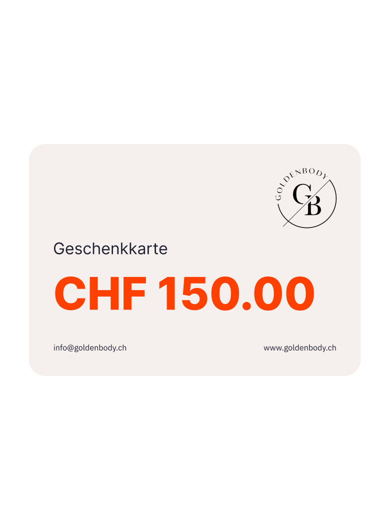 Geschenkkarte im Wert von CHF 150 vom Goldenbody Shop Ch auf hellem Hintergrund.