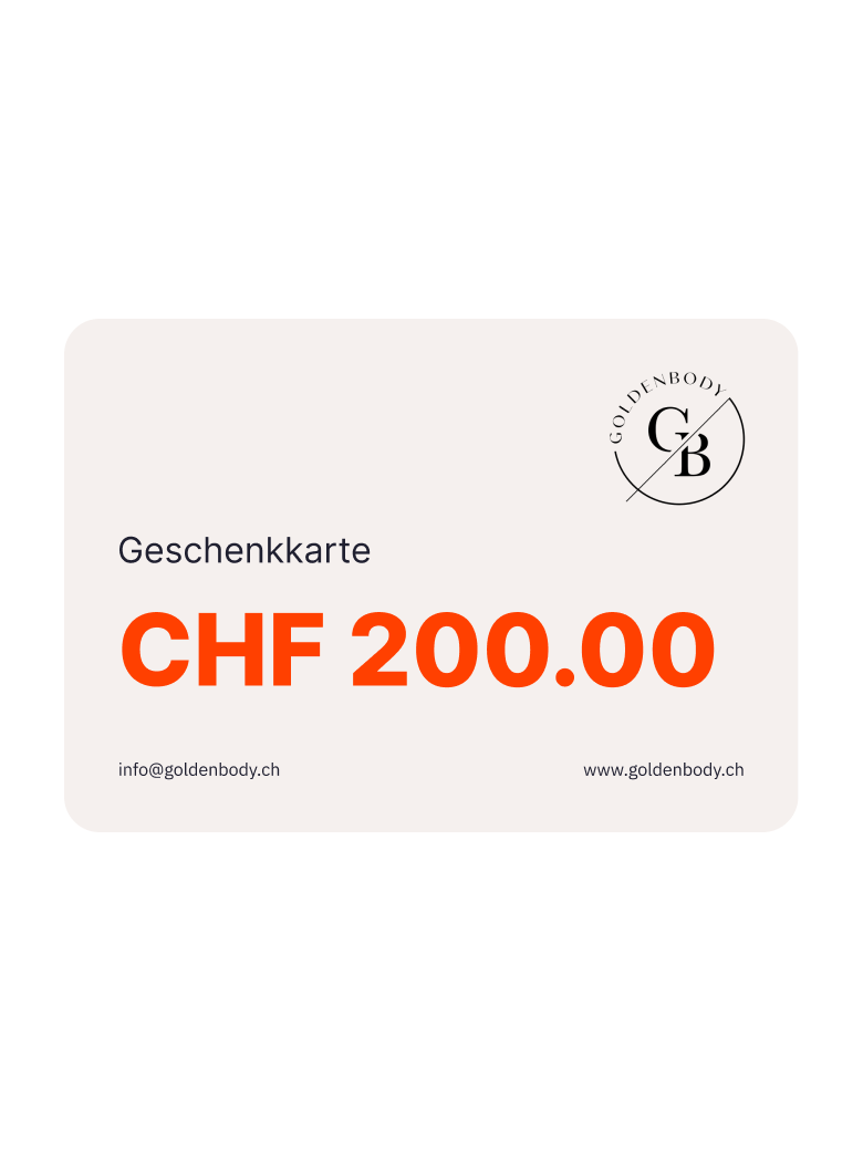 Geschenkkarte im Wert von CHF 200 vom Goldenbody Shop Ch, ideal für Fitnessprodukte.