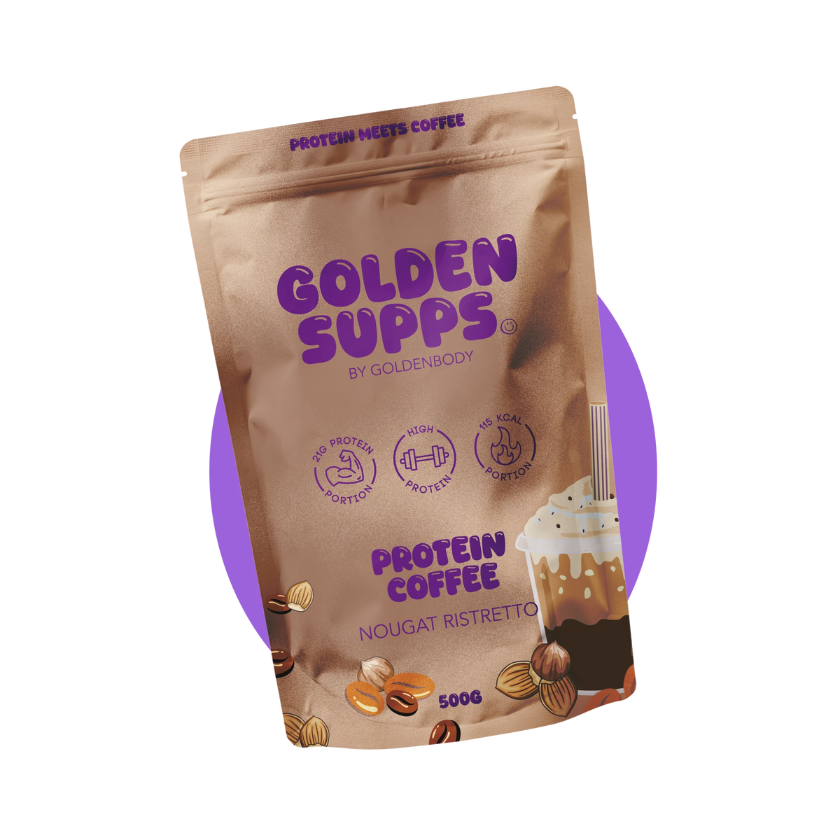 Golden Supps Protein Coffee 500 g – Nougat Ristretto, Packung vor farbigem Kreis, freigestellt