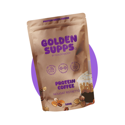 Golden Supps Protein Coffee 500 g – Nougat Ristretto, Packung vor farbigem Kreis, freigestellt