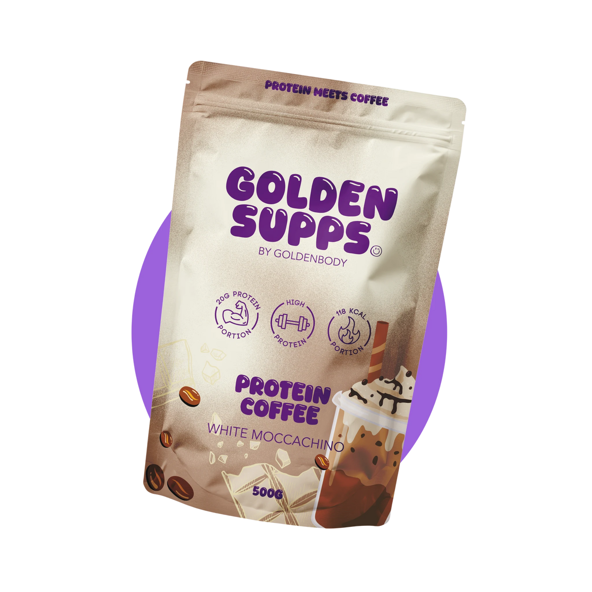 Golden Supps Protein Coffee 500 g – White Moccachino, Packung vor farbigem Kreis, freigestellt