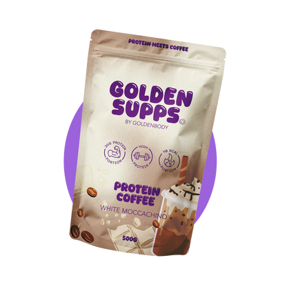 Golden Supps Protein Coffee 500 g – White Moccachino, Packung vor farbigem Kreis, freigestellt