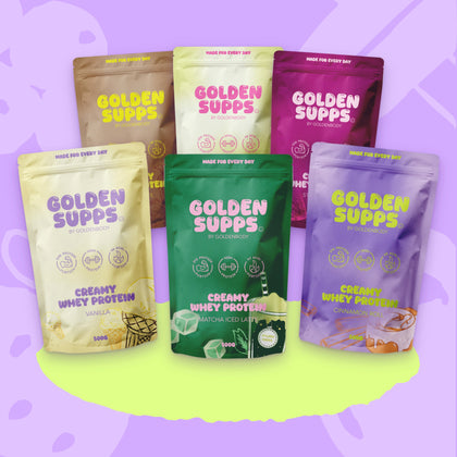 Golden Supps Creamy Whey Protein 500 g – alle 6 Sorten: Vanille, Schokolade, Lemon Cheesecake, Matcha Iced Latte, Strawberry und Cinnamon Roll
