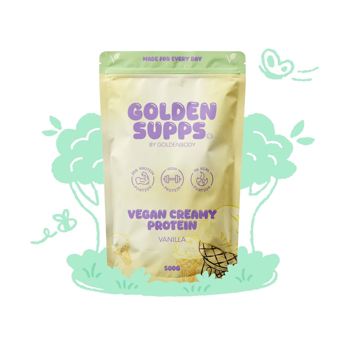 Golden Supps Vegan Creamy Protein 500 g – Vanille, Packung vor farbigem Kreis, freigestellt