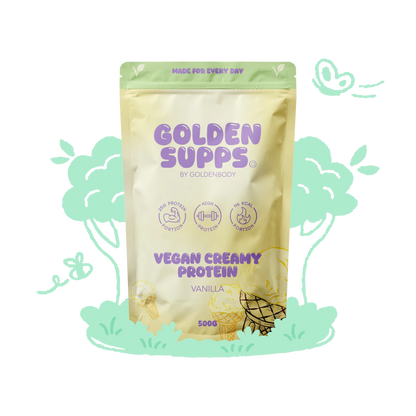 Golden Supps Vegan Creamy Protein 500 g – Vanille, Packung vor farbigem Kreis, freigestellt