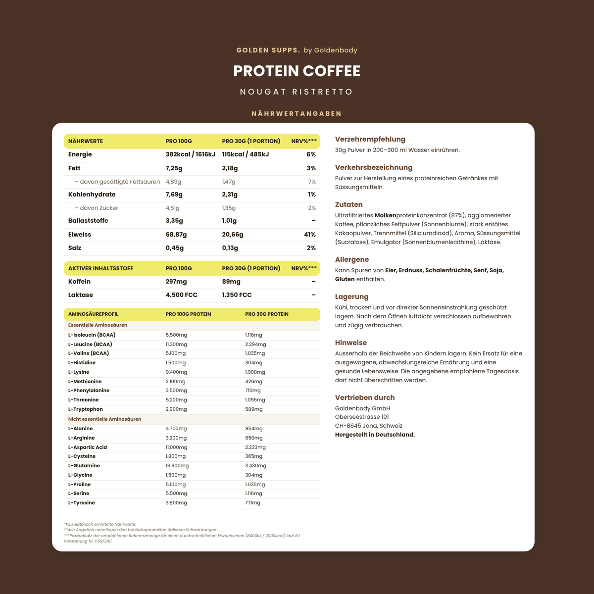 Nährwerttabelle Golden Supps Protein Coffee Nougat Ristretto