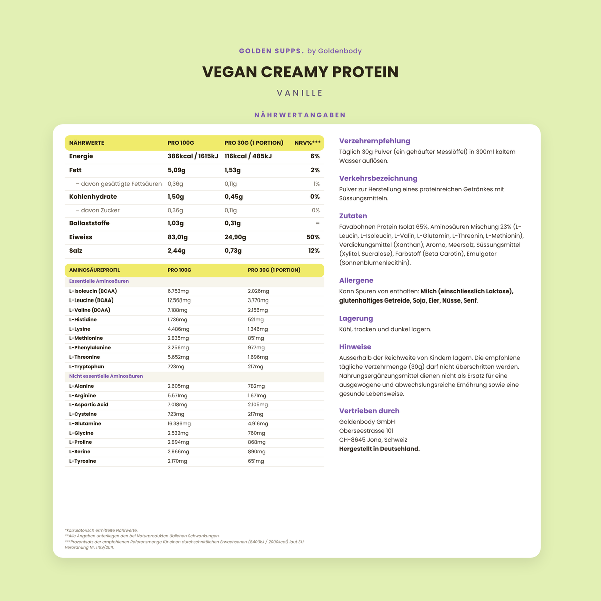 Golden Supps Vegan Creamy Protein – Nährwerttabelle (Vanille)
