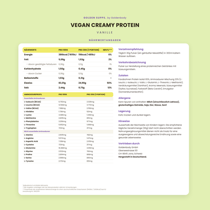 Golden Supps Vegan Creamy Protein – Nährwerttabelle (Vanille)